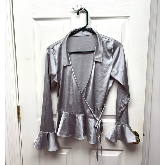 Pomelo Satin Blouse, Gray Wrap Shirt, Peplum, Bell Sleeves, Women's Size S - Picture 1 of 7